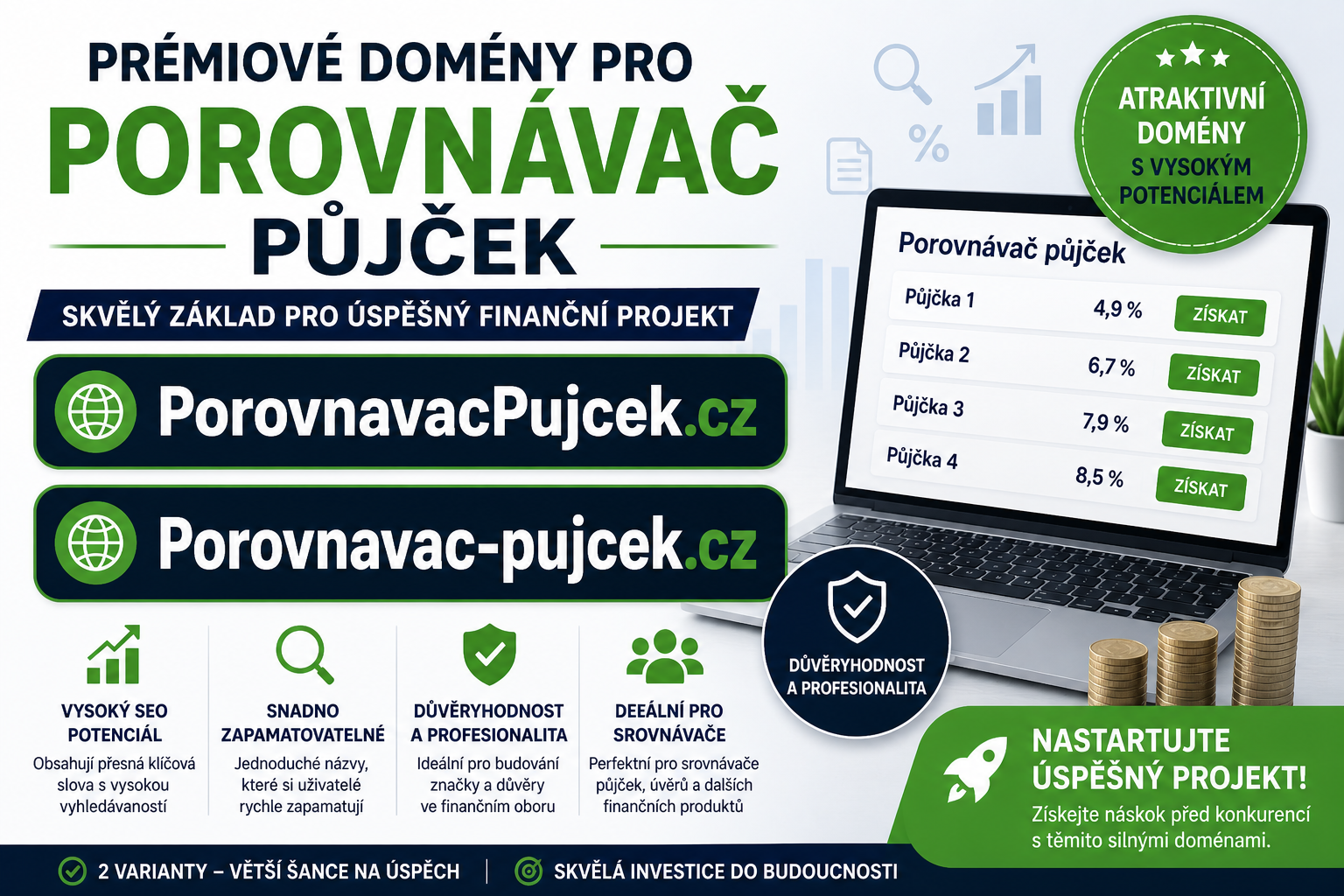 PorovnavacPujcek.cz + Porovnavac-pujcek.cz – 2 prémiové .CZ domény pro srovnávání půjček, úvěrů a finanční služby